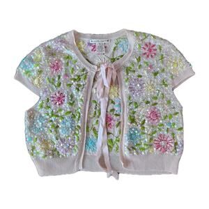 Nanette Lepore Vtg Beaded Embellished Baby Pink Cardigan Shrug With Ribbon Tie S
